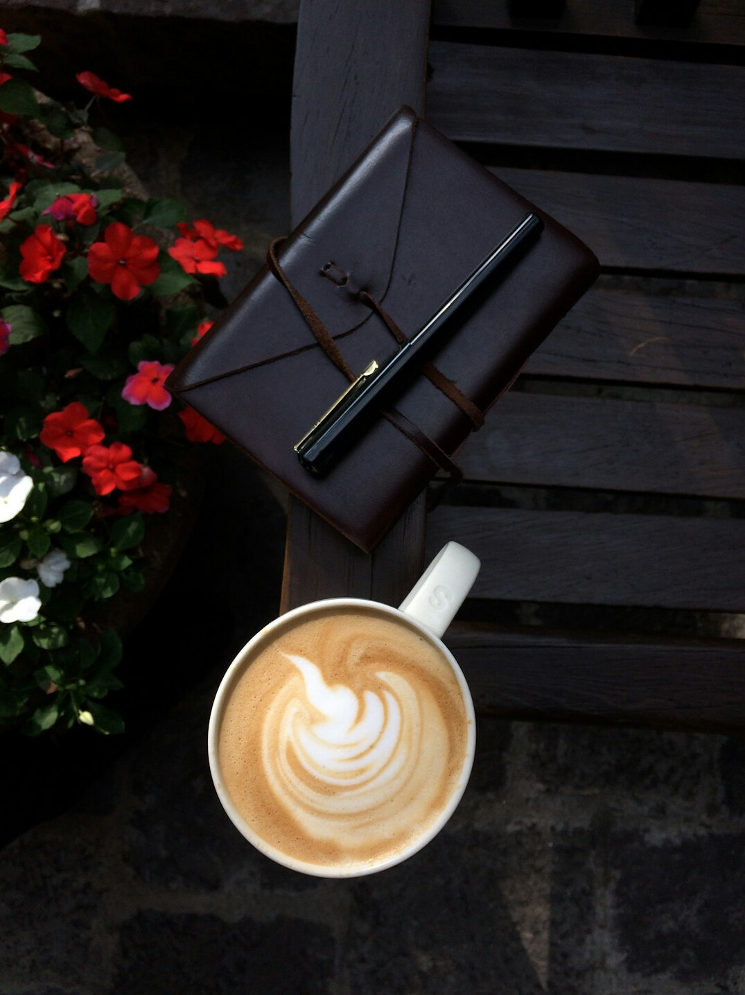 Leather notebook with a fountain pen and a cup of coffee