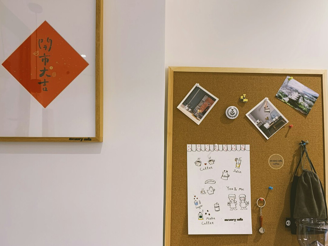Corkboard with pinned photographs and red string connections